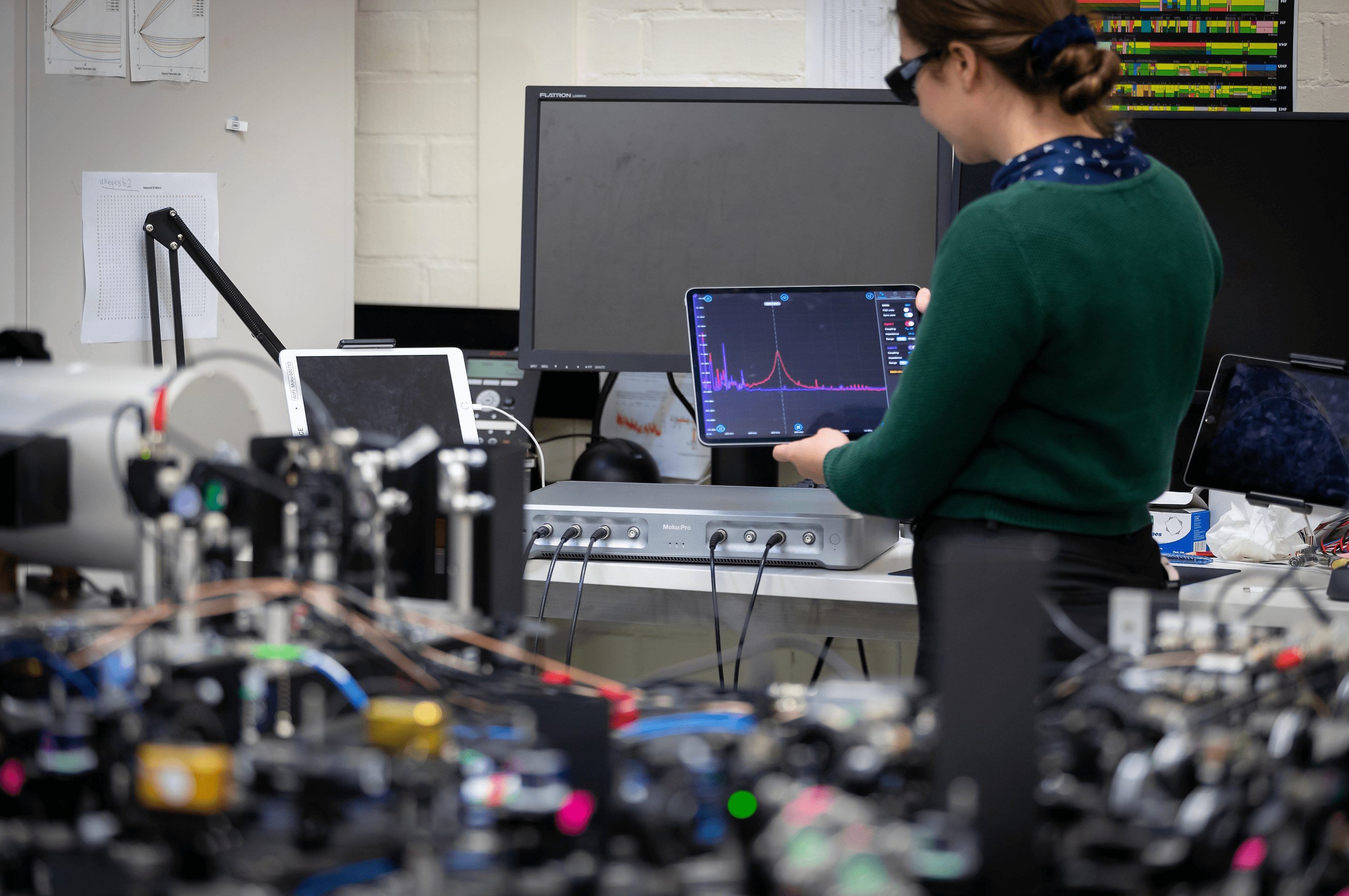 A researcher using Moku:Pro to perform optics testing